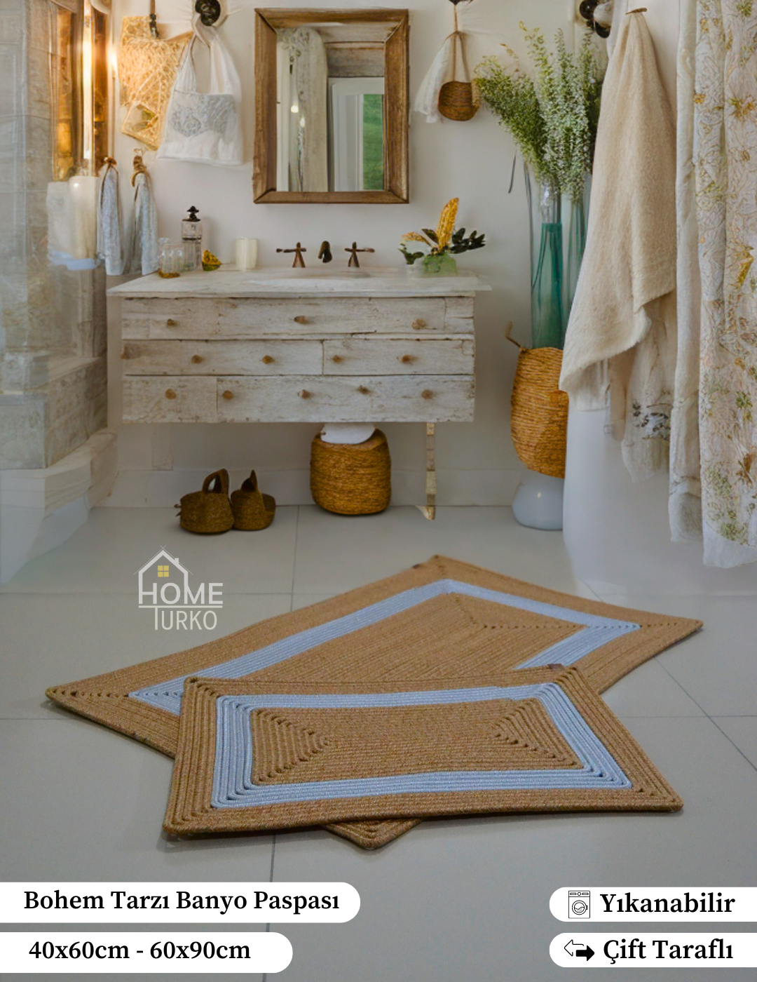 Double Jute Bohemian Bathroom Mat Set
