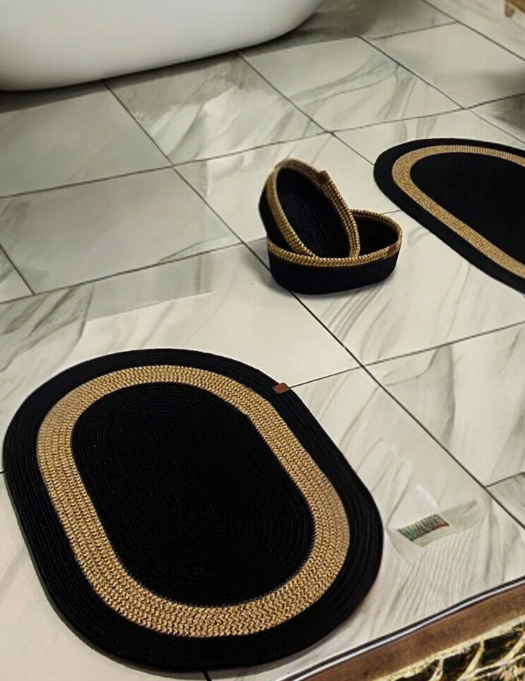 4-Piece Bohemian Bathroom Mat Set with Basket