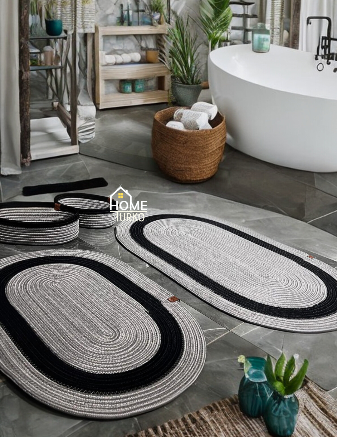 4-Piece Bohemian Bathroom Mat Set with Basket