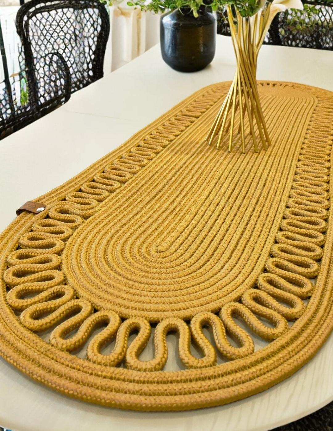 El Örgüsü Jüt Runner Oval Şerit Desenli Masa Sehpa Unite Üstü Dekoratif Örtü (30 X 70 CM)