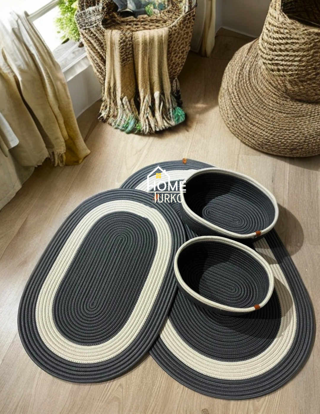 4-Piece Bohemian Bathroom Mat Set with Basket