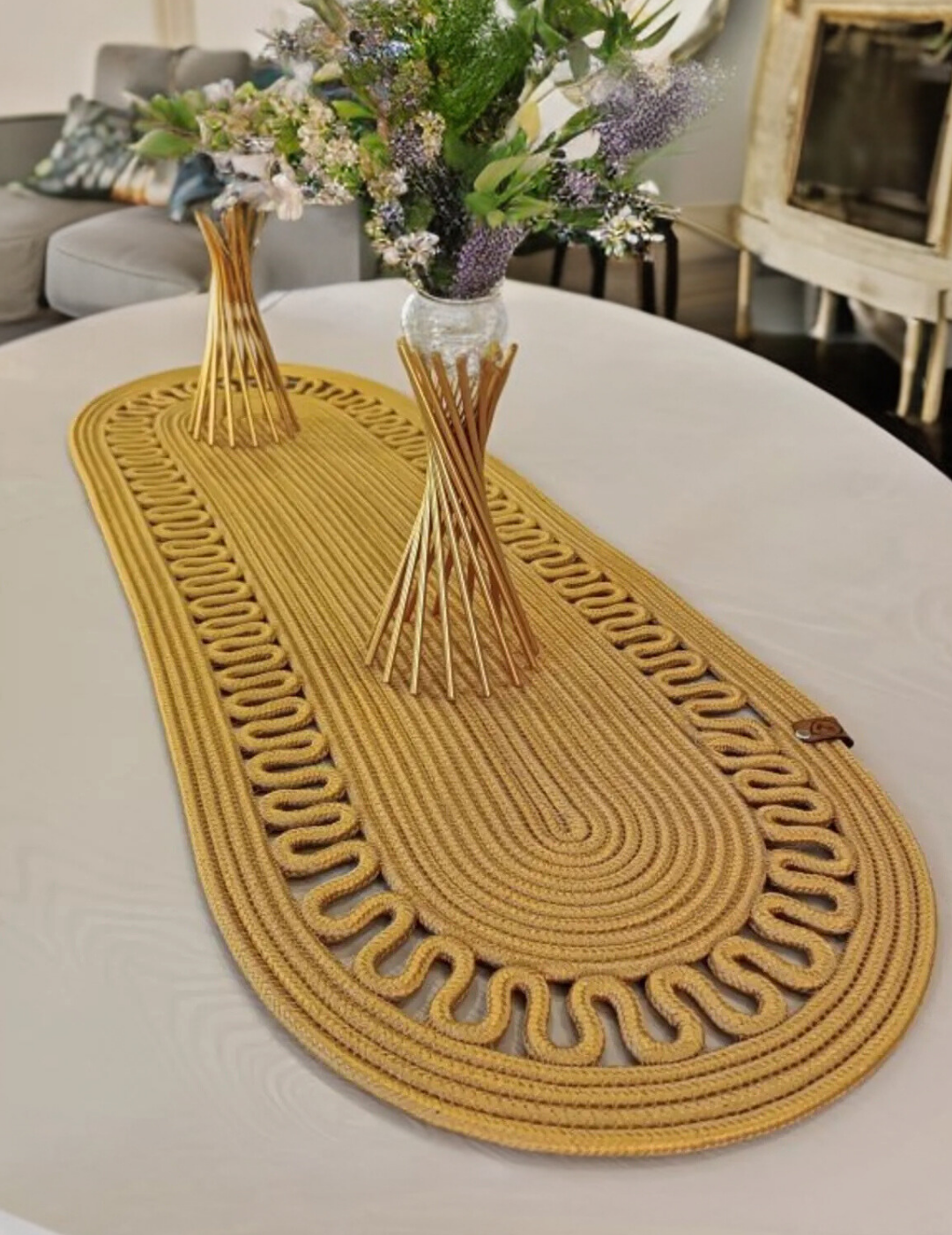 El Örgüsü Jüt Runner Oval Şerit Desenli Masa Sehpa Unite Üstü Dekoratif Örtü (30 X 70 CM)