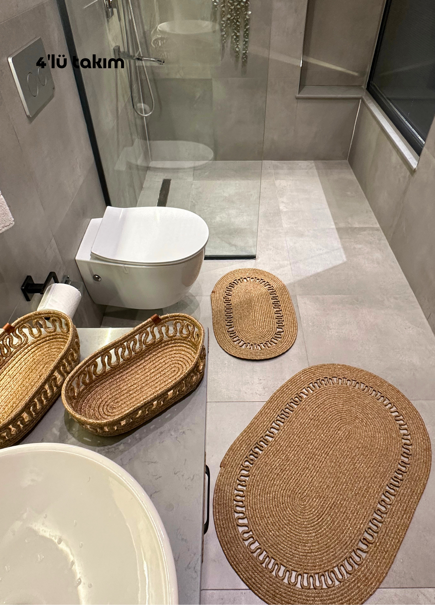4-Piece Bohemian Bathroom Mat Set with Basket