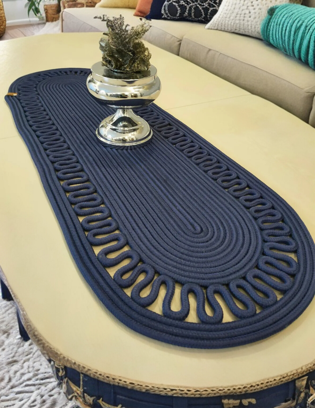 El Örgüsü Jüt Runner Oval Şerit Desenli Masa Sehpa Unite Üstü Dekoratif Örtü (30 X 70 CM)