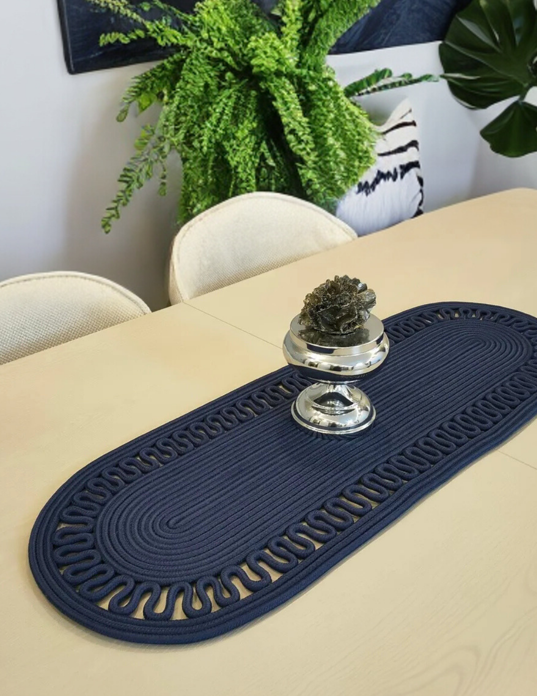 El Örgüsü Jüt Runner Oval Şerit Desenli Masa Sehpa Unite Üstü Dekoratif Örtü (30 X 70 CM)