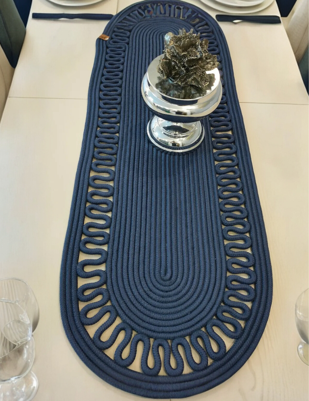 El Örgüsü Jüt Runner Oval Şerit Desenli Masa Sehpa Unite Üstü Dekoratif Örtü (30 X 70 CM)