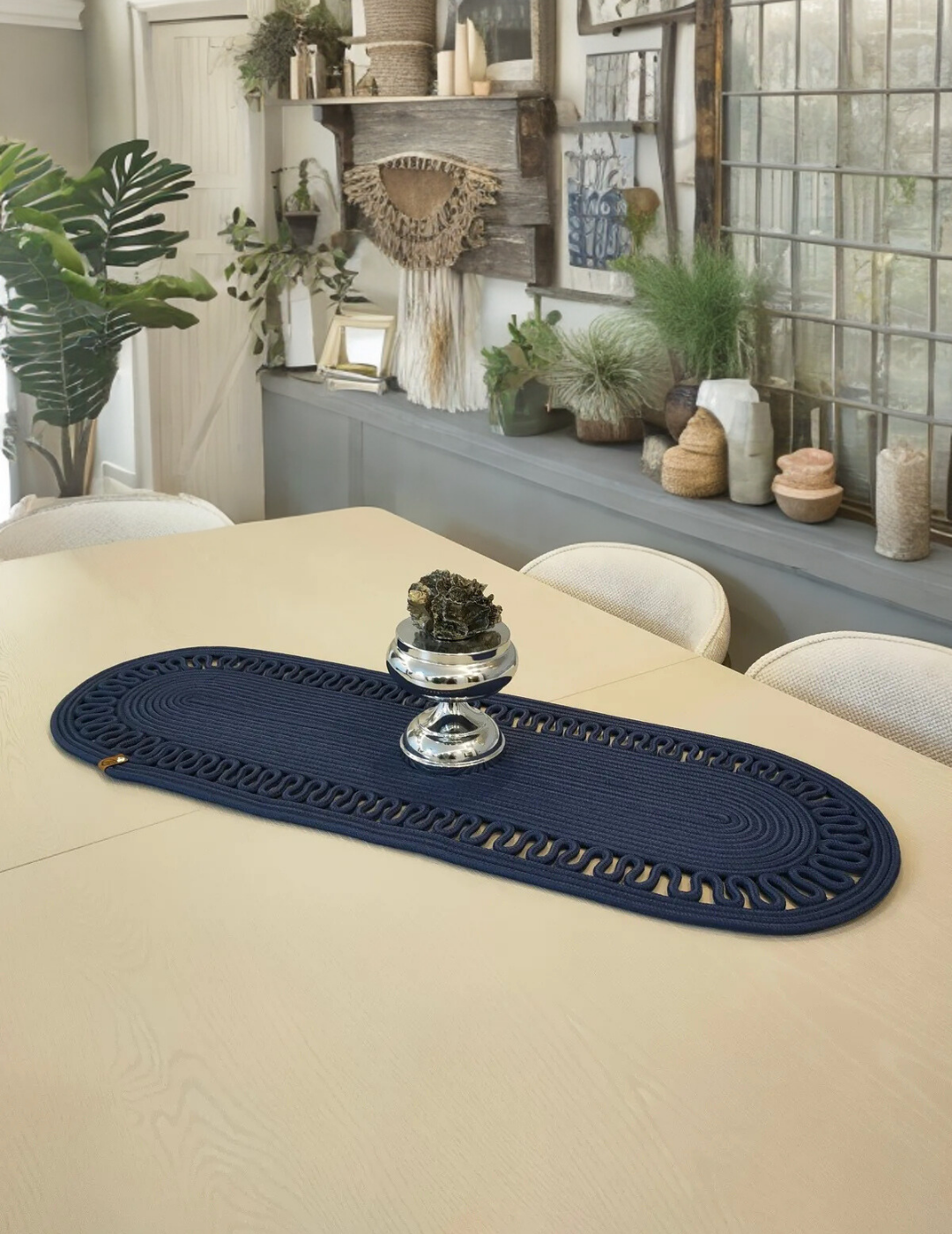 El Örgüsü Jüt Runner Oval Şerit Desenli Masa Sehpa Unite Üstü Dekoratif Örtü (30 X 70 CM)