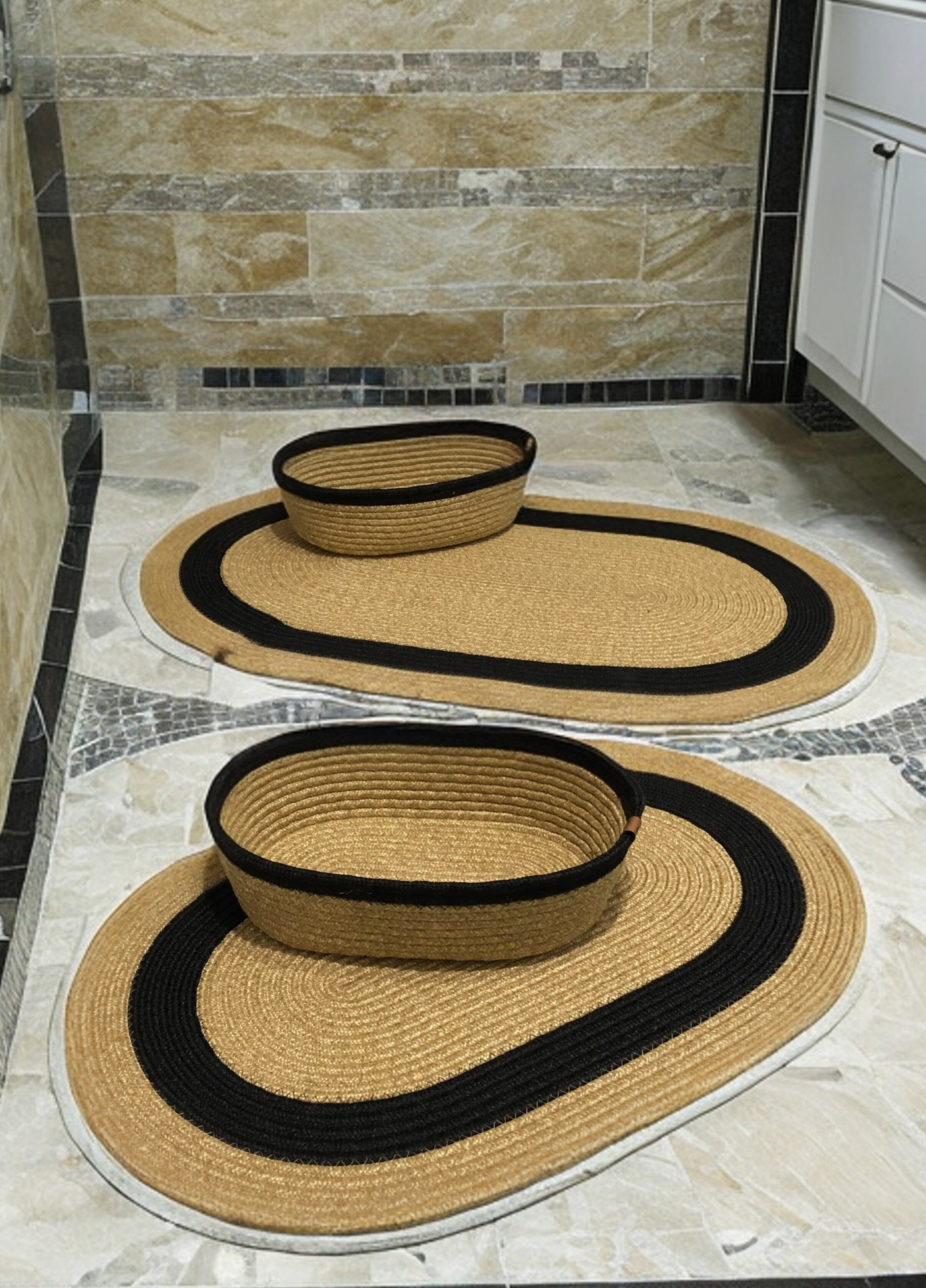 4-Piece Bohemian Bathroom Mat Set with Basket