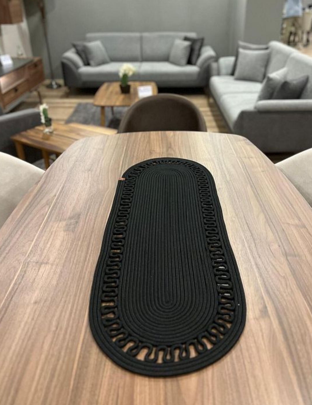 El Örgüsü Jüt Runner Oval Şerit Desenli Masa Sehpa Unite Üstü Dekoratif Örtü (30 X 70 CM)