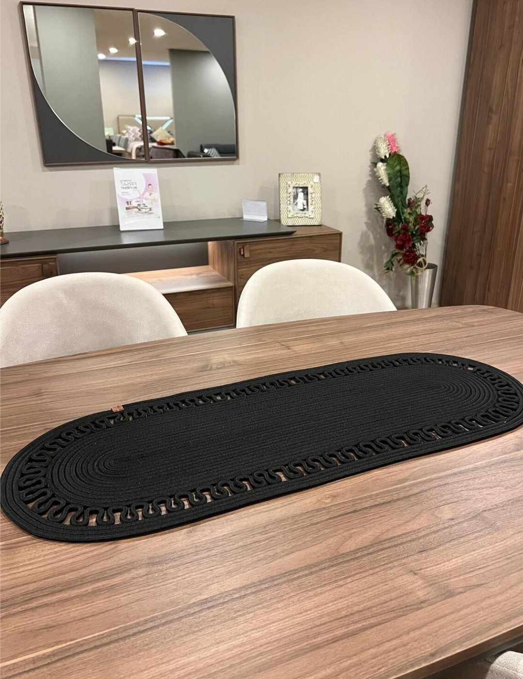 El Örgüsü Jüt Runner Oval Şerit Desenli Masa Sehpa Unite Üstü Dekoratif Örtü (30 X 70 CM)