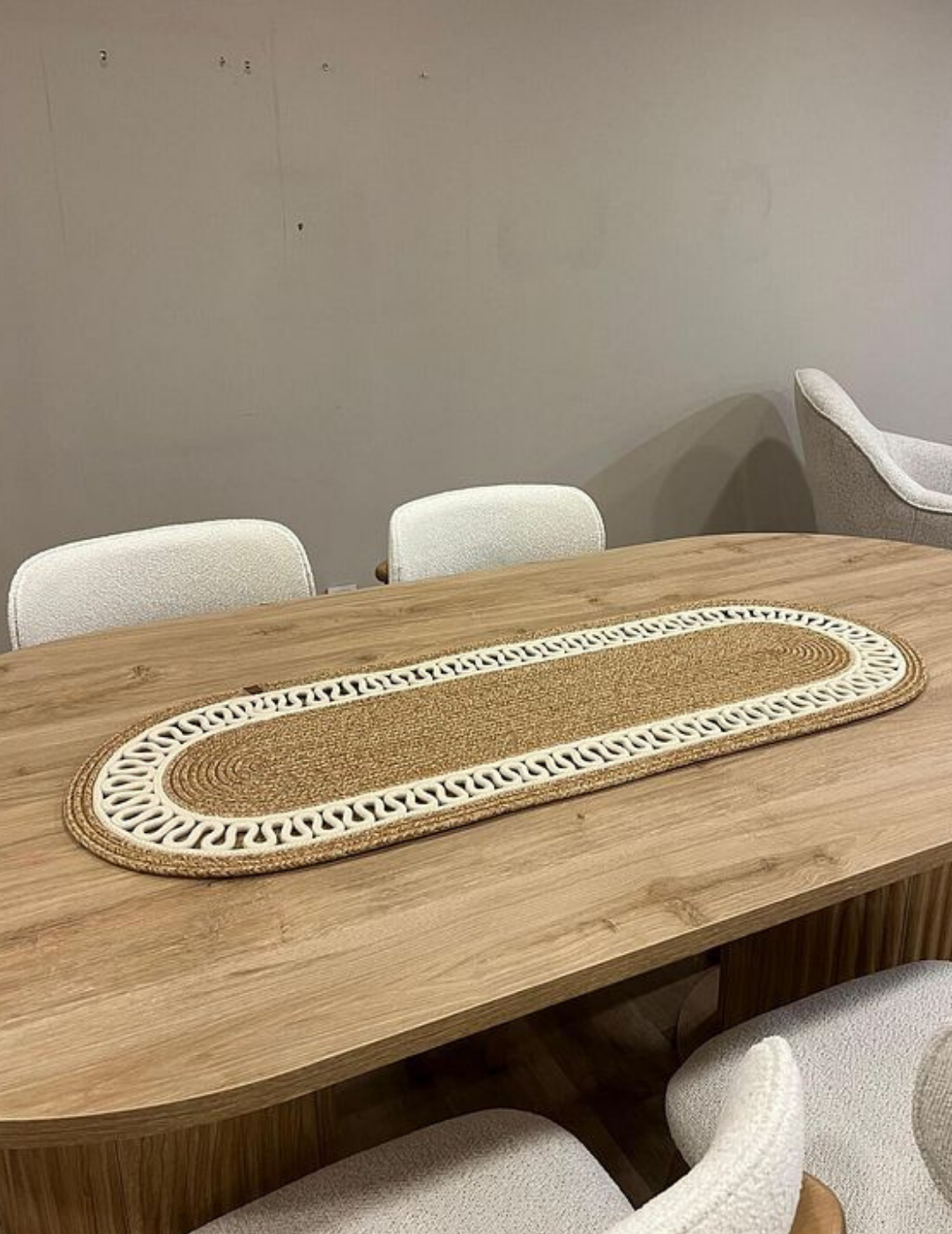 El Örgüsü Jüt Runner Oval Şerit Desenli Masa Sehpa Unite Üstü Dekoratif Örtü (30 X 70 CM)