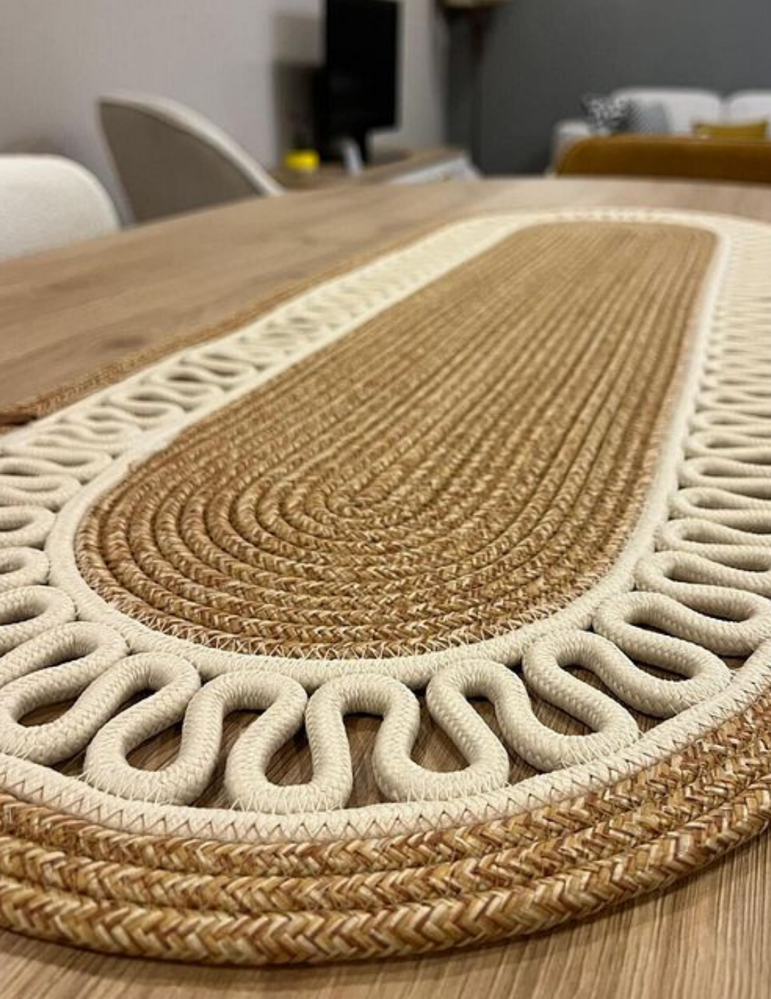 El Örgüsü Jüt Runner Oval Şerit Desenli Masa Sehpa Unite Üstü Dekoratif Örtü (30 X 70 CM)