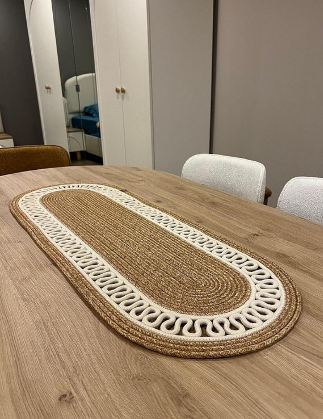 El Örgüsü Jüt Runner Oval Şerit Desenli Masa Sehpa Unite Üstü Dekoratif Örtü (30 X 70 CM)