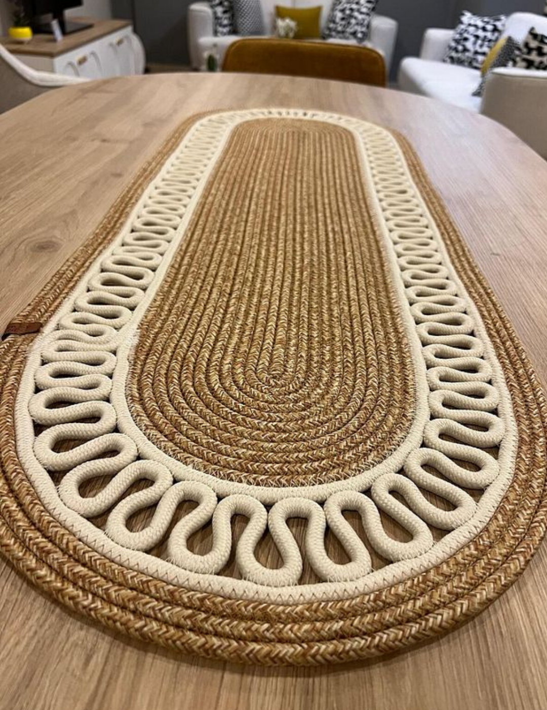 El Örgüsü Jüt Runner Oval Şerit Desenli Masa Sehpa Unite Üstü Dekoratif Örtü (30 X 70 CM)