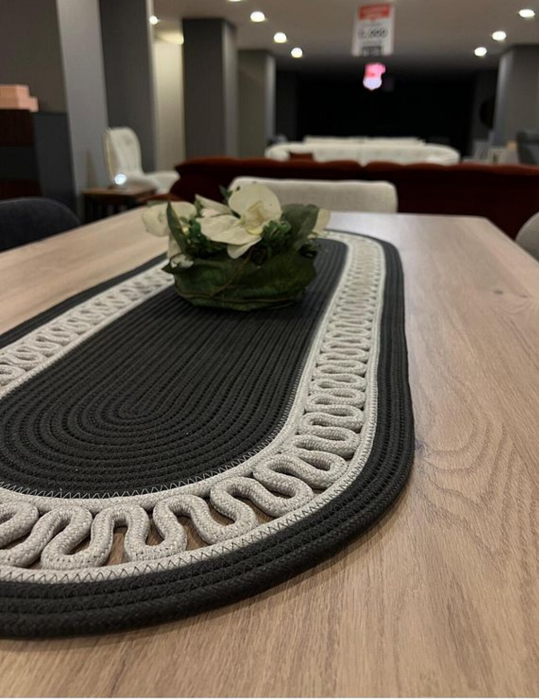 El Örgüsü Jüt Runner Oval Şerit Desenli Masa Sehpa Unite Üstü Dekoratif Örtü (30 X 70 CM)