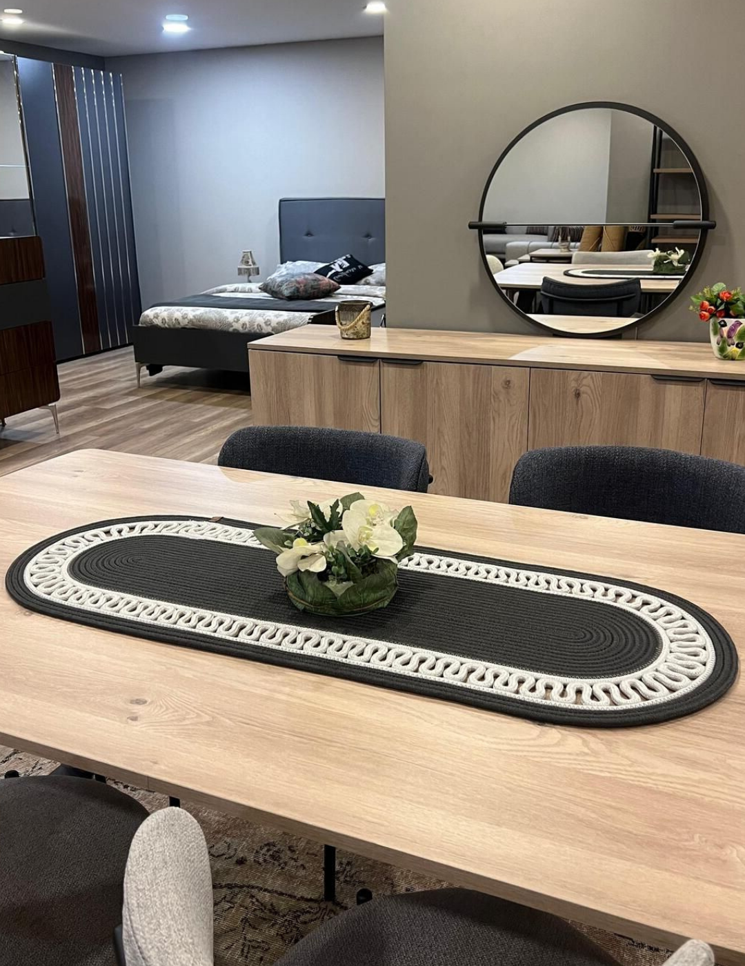 El Örgüsü Jüt Runner Oval Şerit Desenli Masa Sehpa Unite Üstü Dekoratif Örtü (30 X 70 CM)