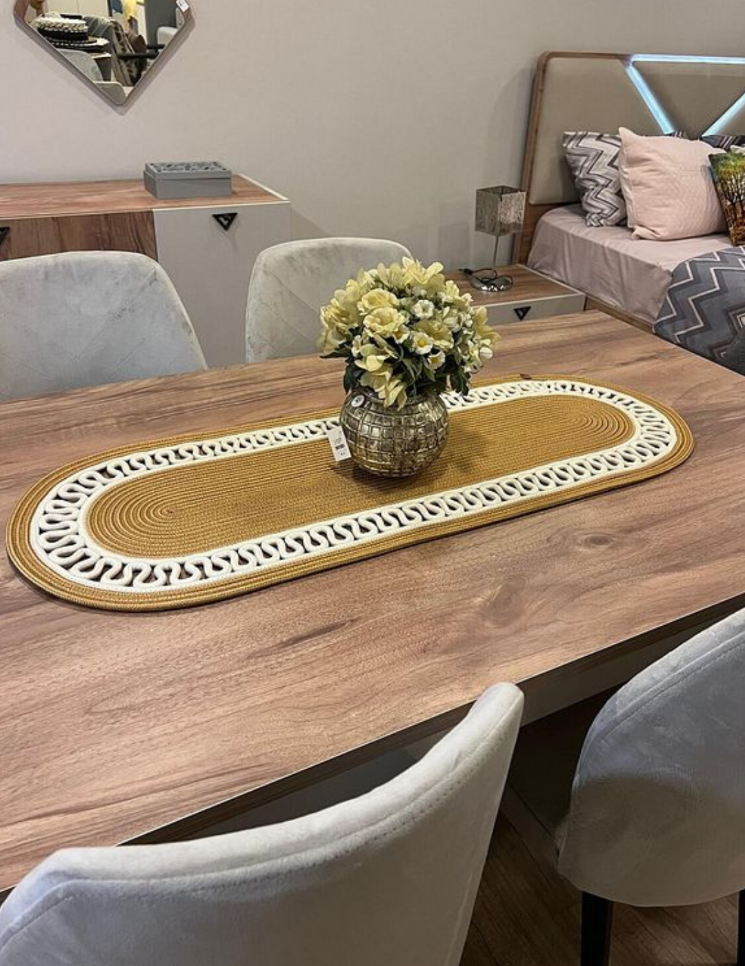 El Örgüsü Jüt Runner Oval Şerit Desenli Masa Sehpa Unite Üstü Dekoratif Örtü (30 X 70 CM)