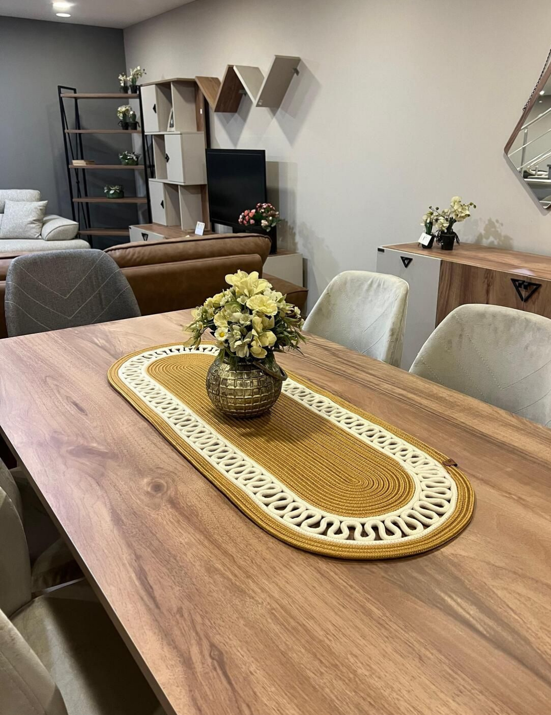 El Örgüsü Jüt Runner Oval Şerit Desenli Masa Sehpa Unite Üstü Dekoratif Örtü (30 X 70 CM)