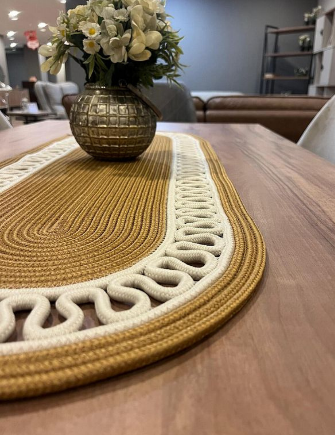 El Örgüsü Jüt Runner Oval Şerit Desenli Masa Sehpa Unite Üstü Dekoratif Örtü (30 X 70 CM)