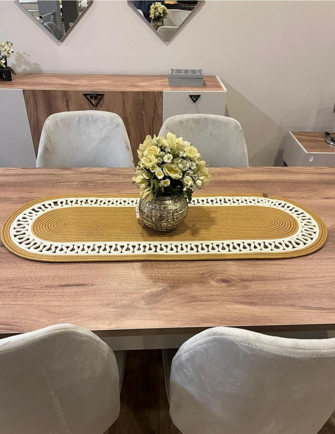 El Örgüsü Jüt Runner Oval Şerit Desenli Masa Sehpa Unite Üstü Dekoratif Örtü (30 X 70 CM)