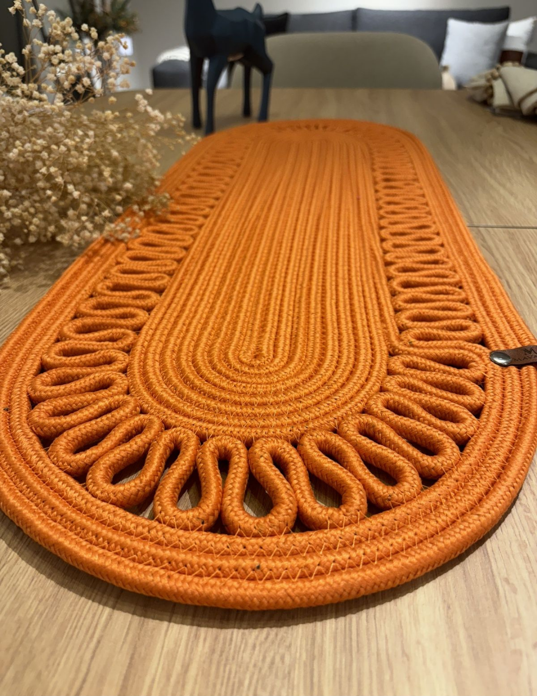 El Örgüsü Jüt Runner Oval Şerit Desenli Masa Sehpa Unite Üstü Dekoratif Örtü (30 X 70 CM)