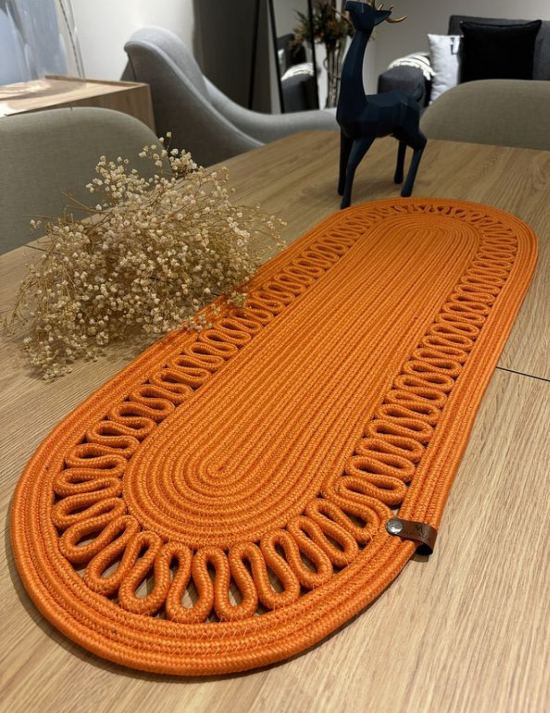 El Örgüsü Jüt Runner Oval Şerit Desenli Masa Sehpa Unite Üstü Dekoratif Örtü (30 X 70 CM)