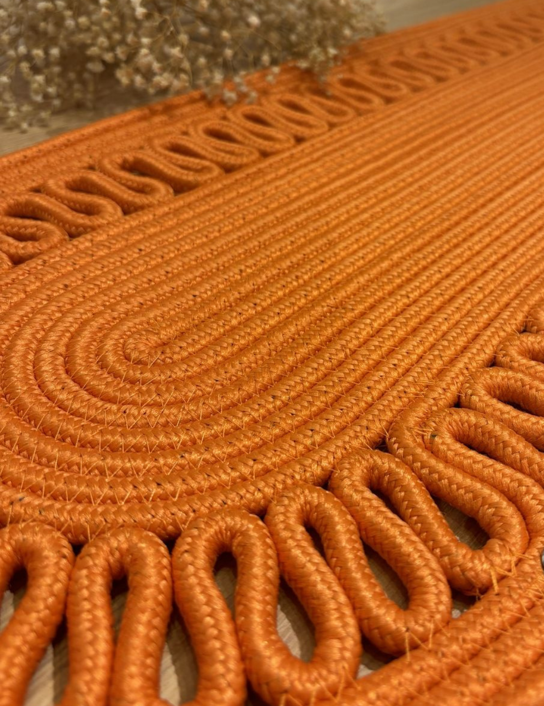 El Örgüsü Jüt Runner Oval Şerit Desenli Masa Sehpa Unite Üstü Dekoratif Örtü (30 X 70 CM)