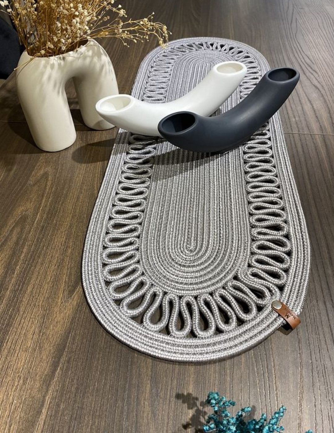 El Örgüsü Jüt Runner Oval Şerit Desenli Masa Sehpa Unite Üstü Dekoratif Örtü (30 X 70 CM)