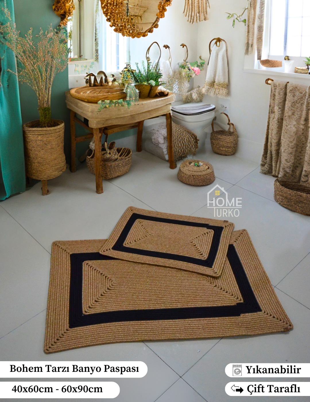 Double Jute Bohemian Bathroom Mat Set