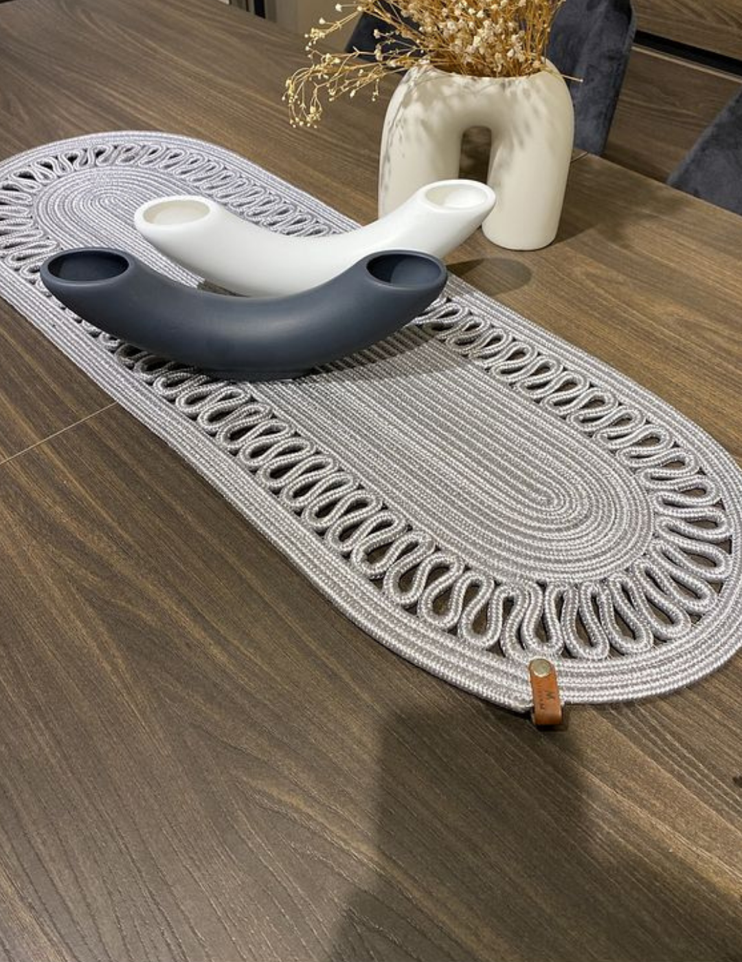 El Örgüsü Jüt Runner Oval Şerit Desenli Masa Sehpa Unite Üstü Dekoratif Örtü (30 X 70 CM)