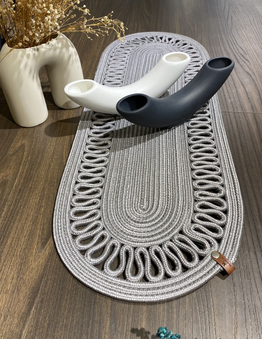 El Örgüsü Jüt Runner Oval Şerit Desenli Masa Sehpa Unite Üstü Dekoratif Örtü (30 X 70 CM)