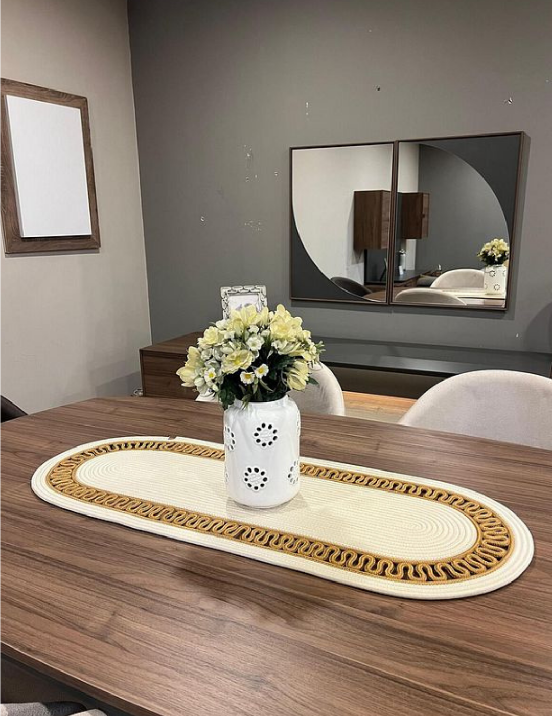 El Örgüsü Jüt Runner Oval Şerit Desenli Masa Sehpa Unite Üstü Dekoratif Örtü (30 X 70 CM)