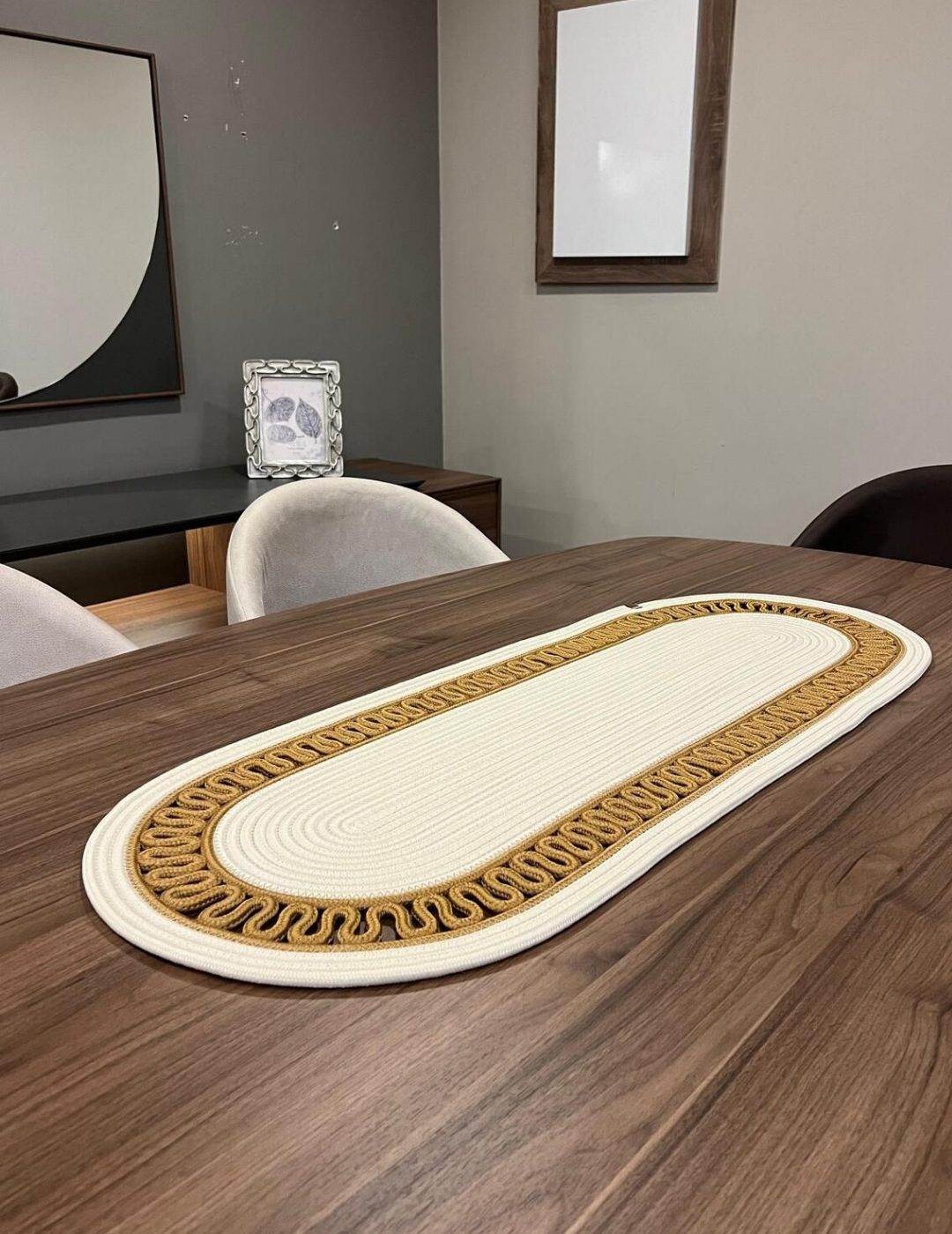 El Örgüsü Jüt Runner Oval Şerit Desenli Masa Sehpa Unite Üstü Dekoratif Örtü (30 X 70 CM)