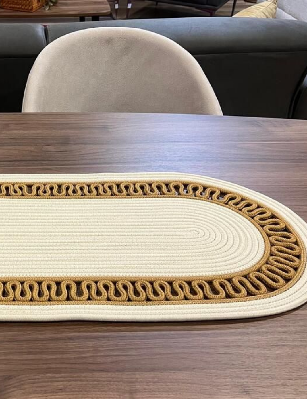 El Örgüsü Jüt Runner Oval Şerit Desenli Masa Sehpa Unite Üstü Dekoratif Örtü (30 X 70 CM)