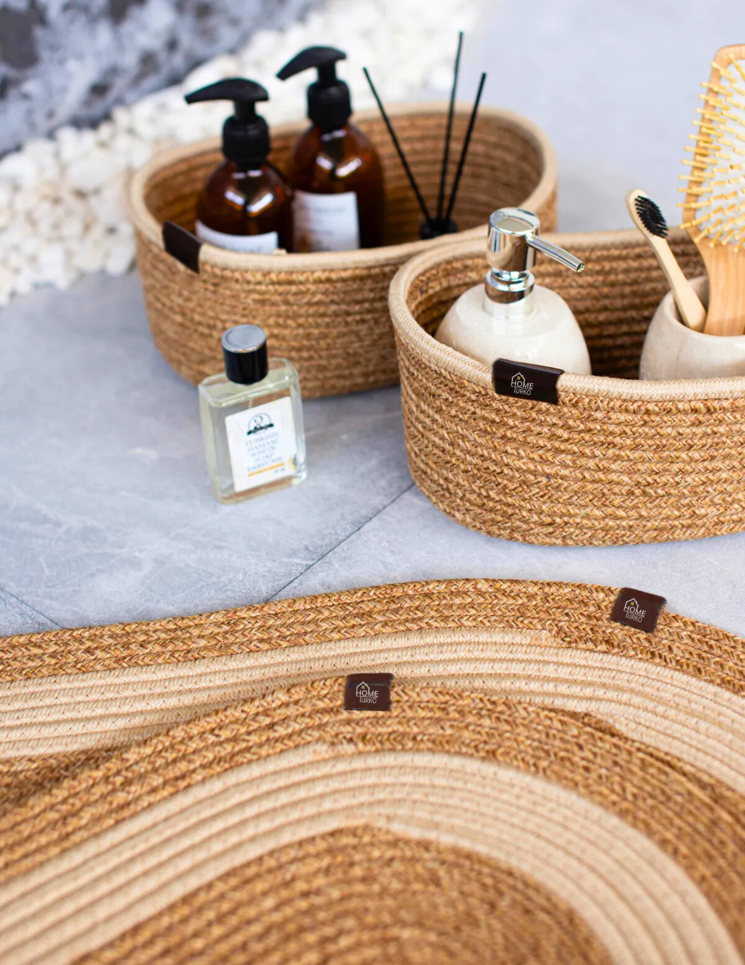 4-Piece Bohemian Bathroom Mat Set with Basket