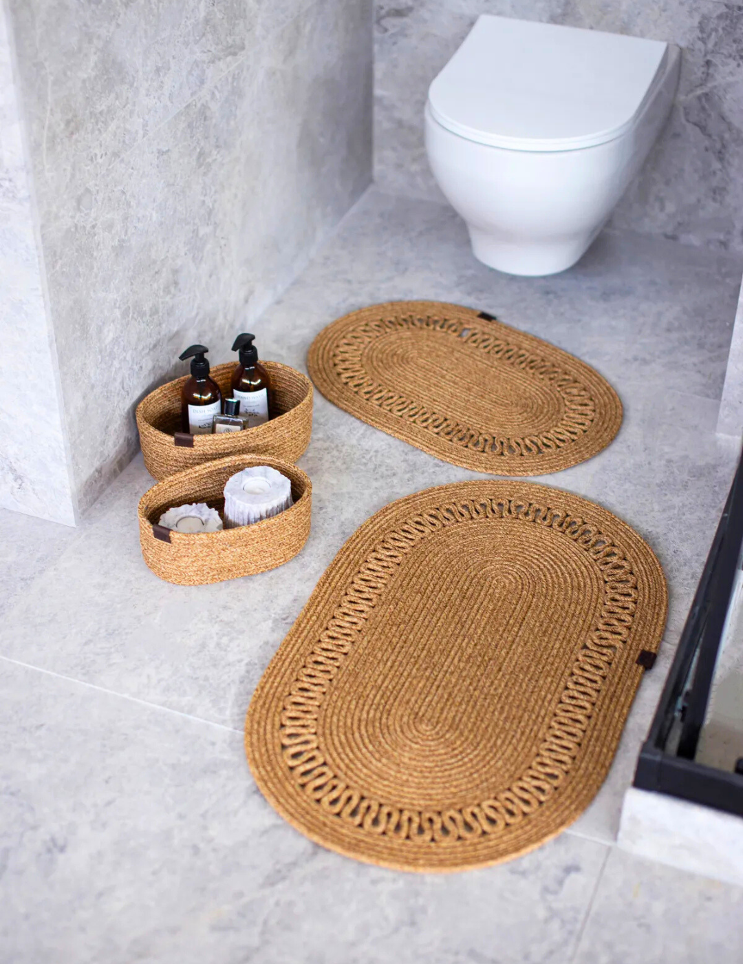4-Piece Bohemian Bathroom Mat Set with Basket