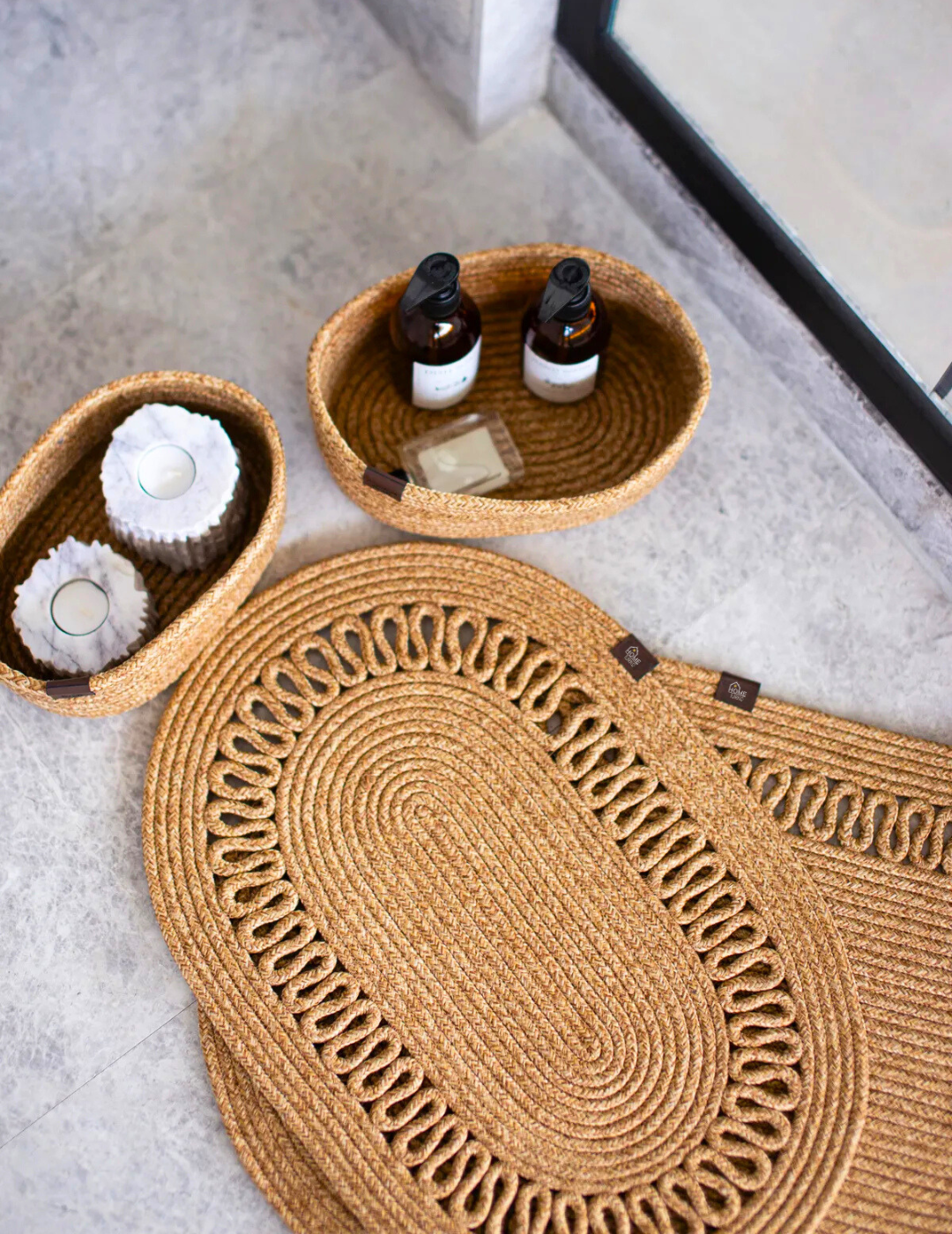 4-Piece Bohemian Bathroom Mat Set with Basket