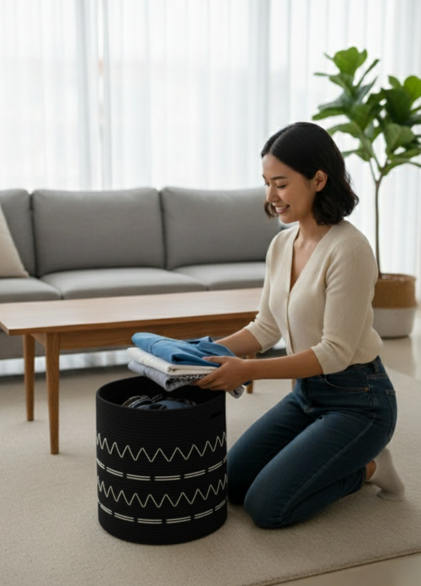 MonoCraft Jute Modern Touch, Handmade Knitted Large Volume Baskets with Lids