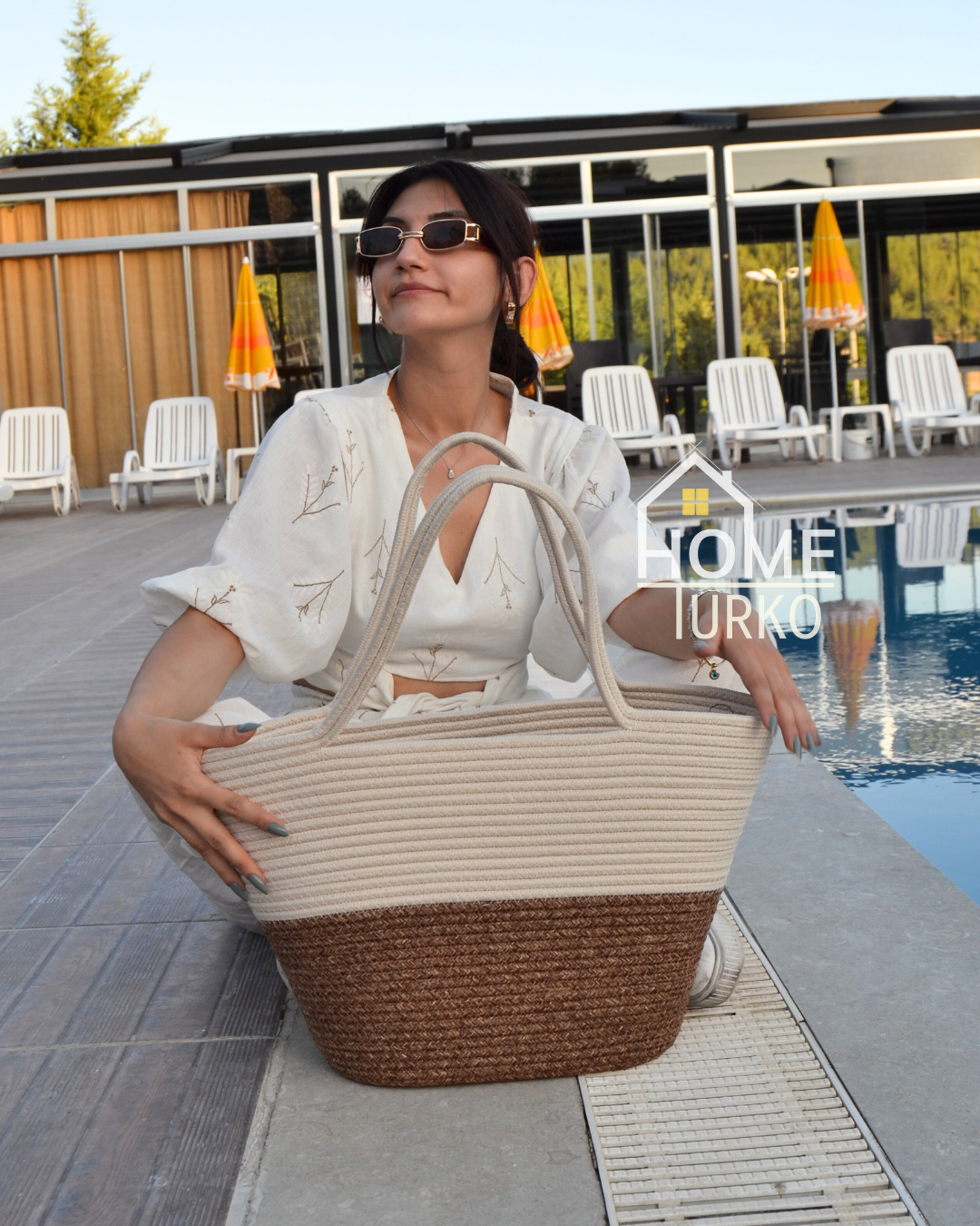 Jute Buttoned Women's Beach Bag Two-Tone Bag