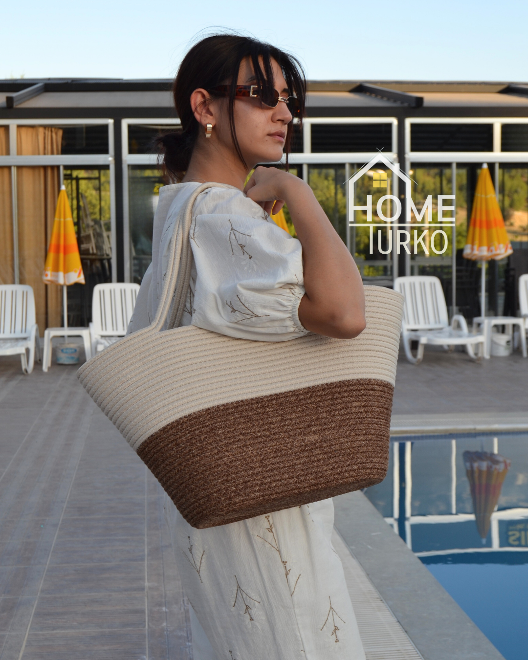 Jute Buttoned Women's Beach Bag Two-Tone Bag