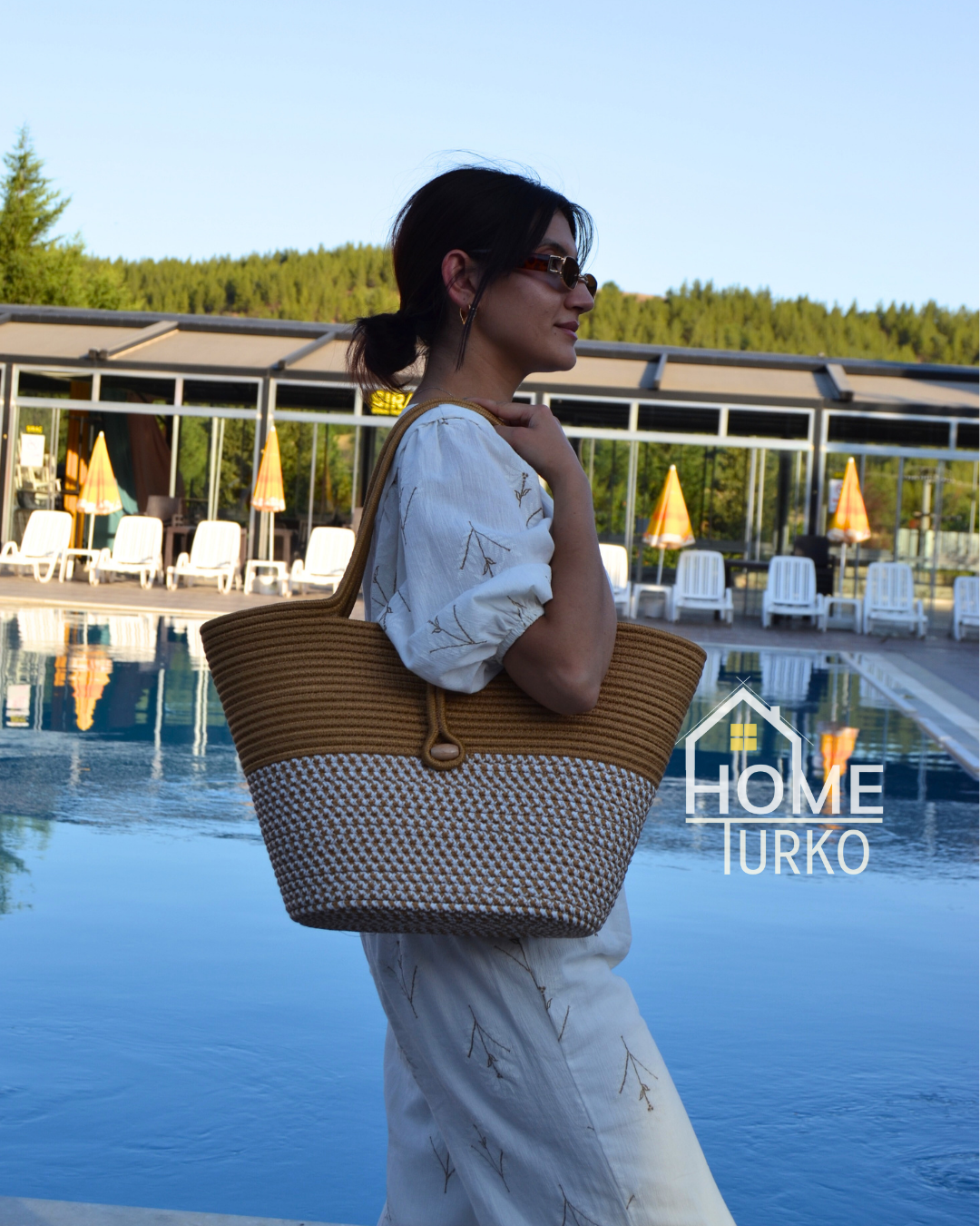 Jute Buttoned Women's Beach Bag Two-Tone Bag