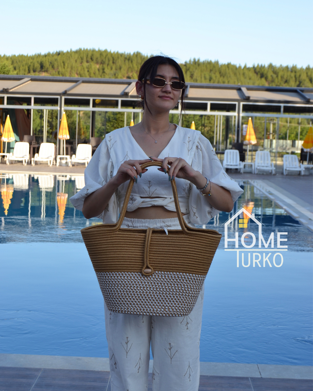 Jute Buttoned Women's Beach Bag Two-Tone Bag