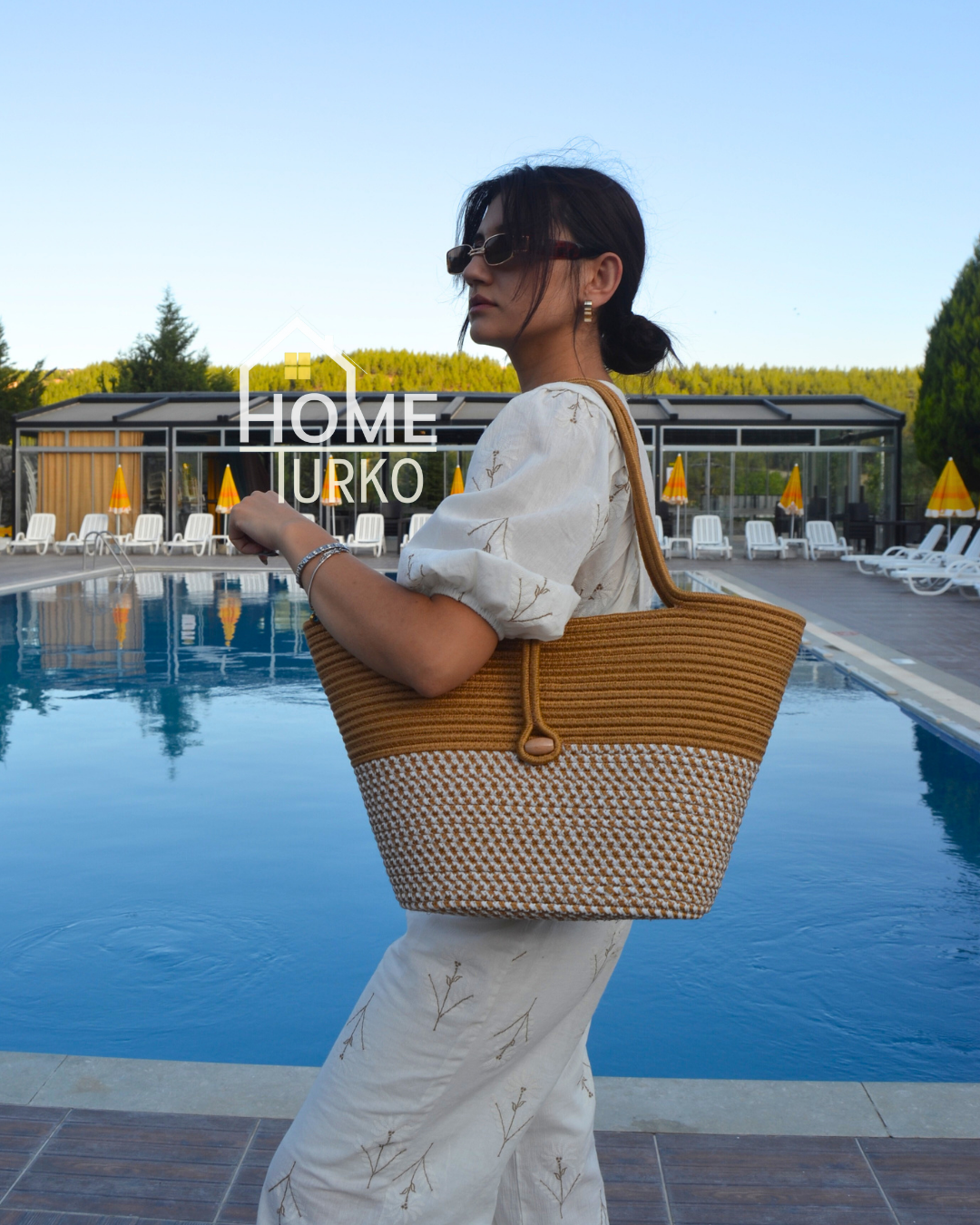 Jute Buttoned Women's Beach Bag Two-Tone Bag