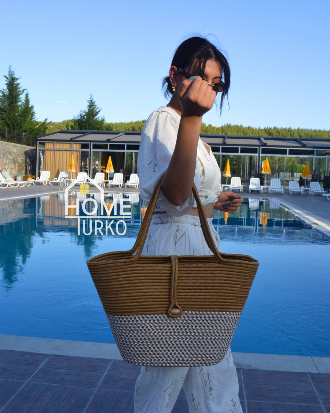 Jute Buttoned Women's Beach Bag Two-Tone Bag