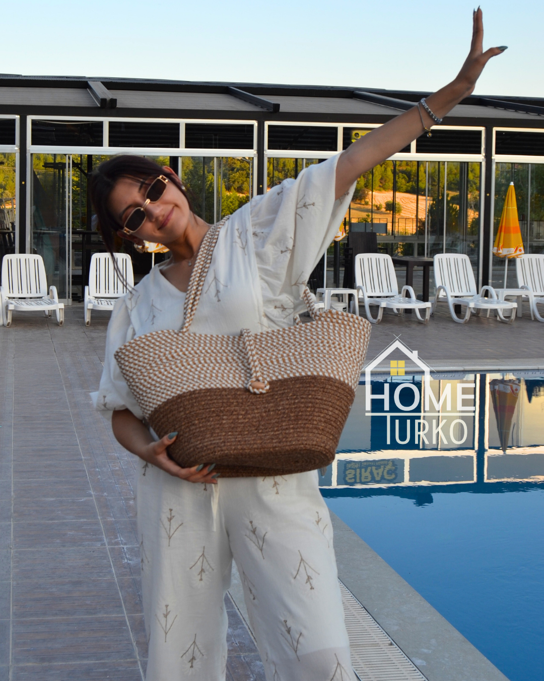 Jute Buttoned Women's Beach Bag Two-Tone Bag