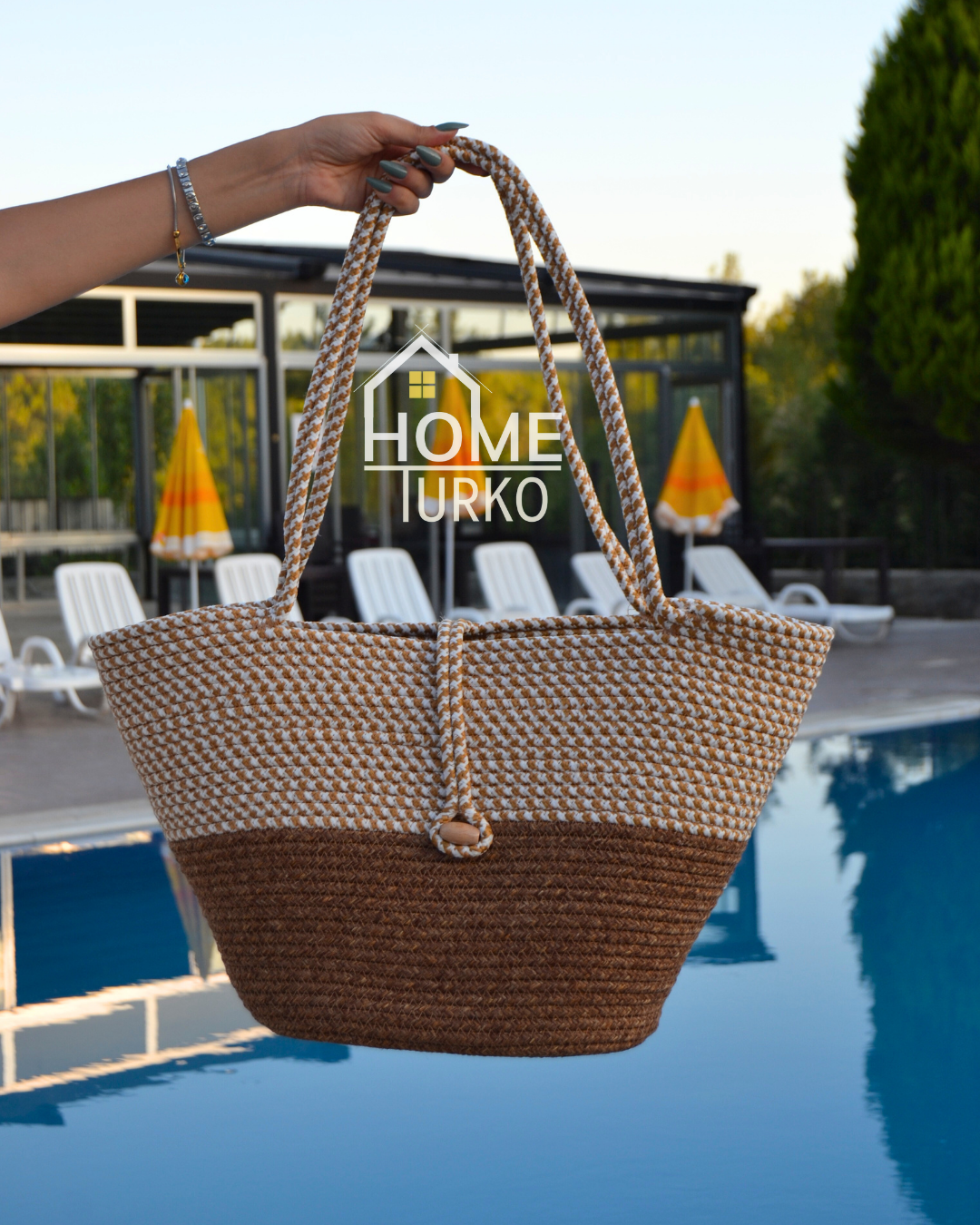 Jute Buttoned Women's Beach Bag Two-Tone Bag