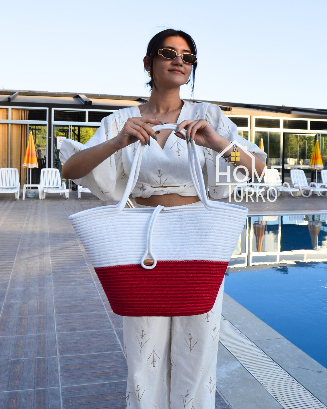 Jute Buttoned Women's Beach Bag Two-Tone Bag