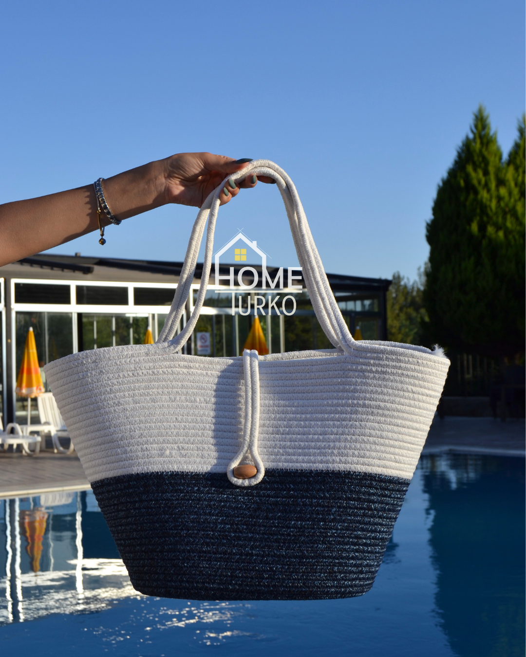 Jute Buttoned Women's Beach Bag Two-Tone Bag