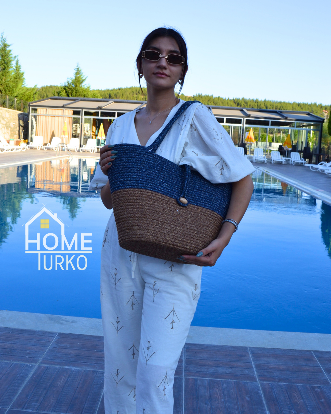 Jute Buttoned Women's Beach Bag Two-Tone Bag