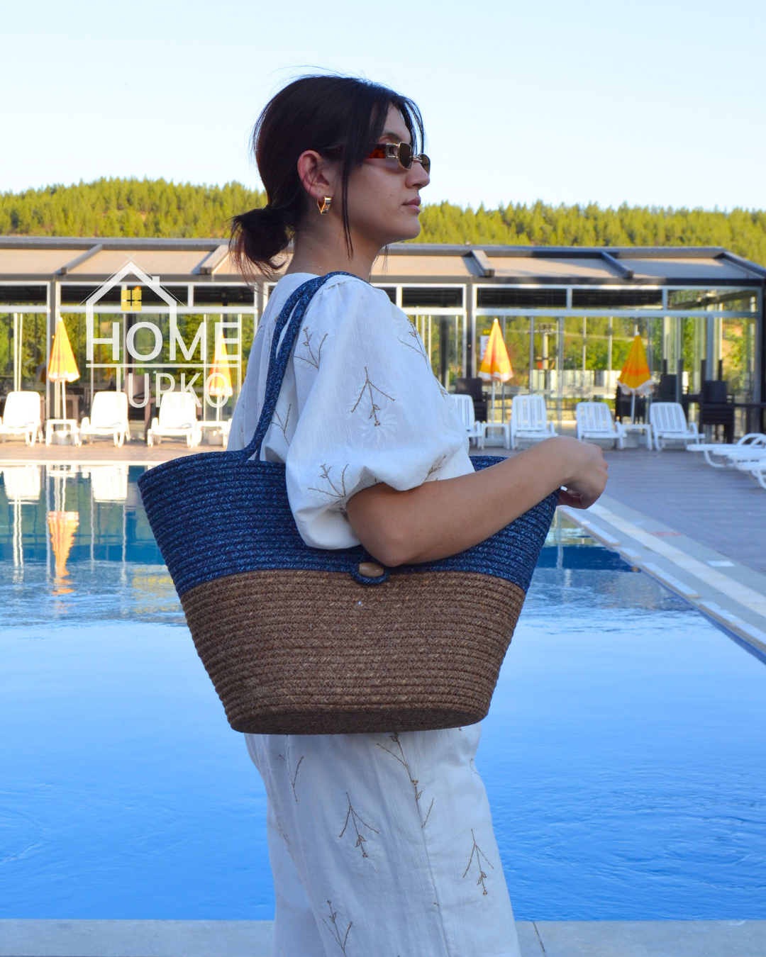 Jute Buttoned Women's Beach Bag Two-Tone Bag